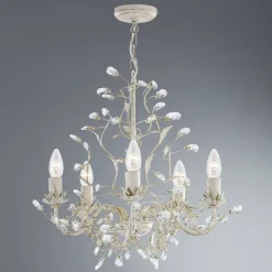 Lysekroner|Pendellamper ^ Searchlight Almandite lysekrone, 5 lyskilder, creme, guld