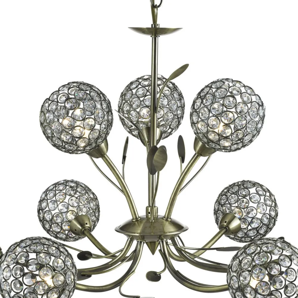 Searchlight Lysekroner > Bellis II lysekrone, antik messingfarvet, glas, 9 lyskilder, G9