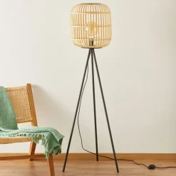EGLO Gulvlamper|Gulvlamper > Bordesley gulvlampe, trefod, med træskærm