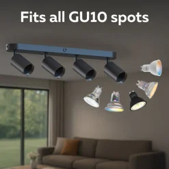 Calex Spotlights > GU10 loftspot, sort, længde 49 cm, 4 lyskilder, metal