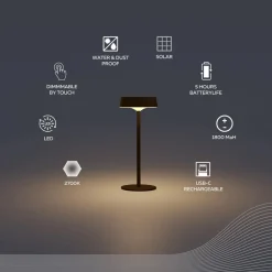 Calex Dekorationsbelysning|Solcellelamper > LED-bordlampe Parma, dæmpbar, sort