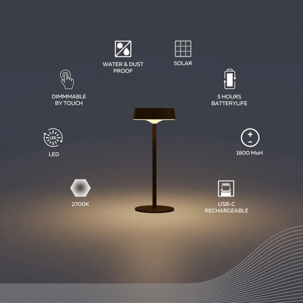 Calex Dekorationsbelysning|Solcellelamper > LED-bordlampe Parma, dæmpbar, sort
