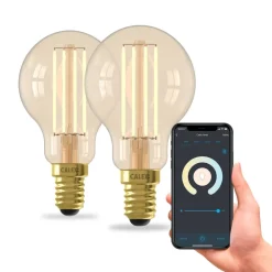 Filament Pære|Smarte Lyskilder ^ Calex Smart E14 P45 4,5W 1800-3000K dæmper guld 2stk