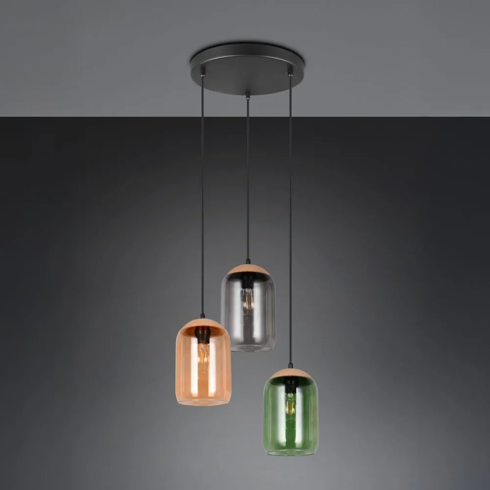Trio Lighting Pendellamper > Cork hængelampe, flerfarvet, Ø 30 cm, 3 lyskilder, glas/kork