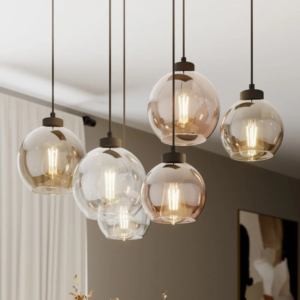 TK Lighting Pendellamper|Pendellamper > Cubus hængelampe, 74 cm, 6 lyskilder, klar/honning/brun, glas