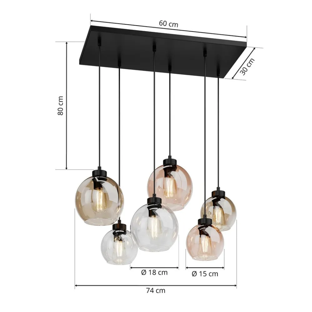 TK Lighting Pendellamper|Pendellamper > Cubus hængelampe, 74 cm, 6 lyskilder, klar/honning/brun, glas
