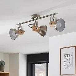 Loftlamper|Loftlamper ^ Lindby Dennis loftlampe med træ, 3 lyskilder, aflang