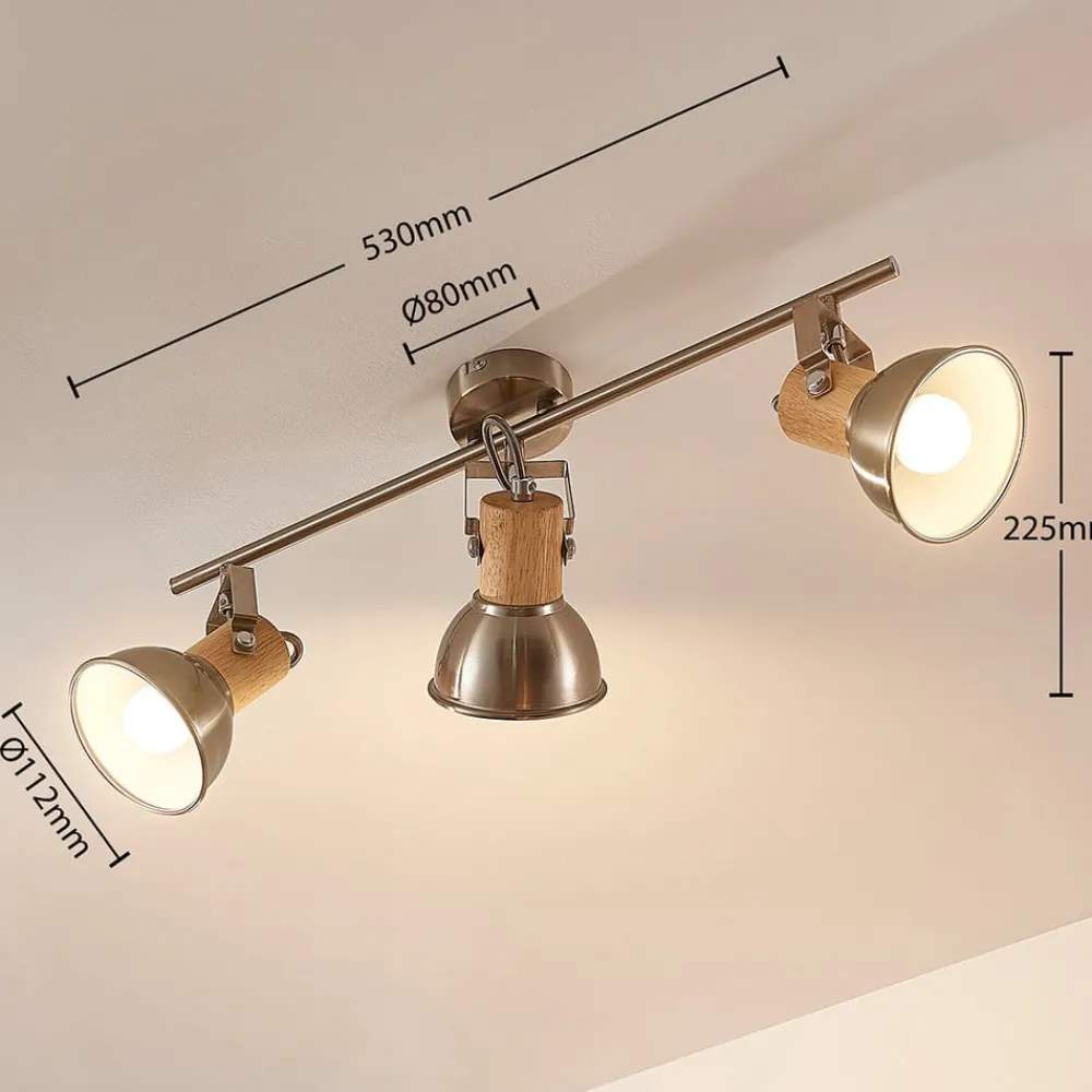 Loftlamper|Loftlamper ^ Lindby Dennis loftlampe med træ, 3 lyskilder, aflang