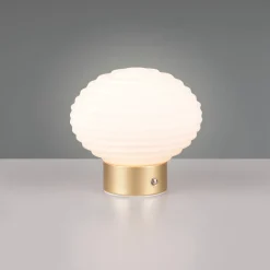 Bordlamper ^ Reality Leuchten Earl LED genopladelig bordlampe, messing/opal, højde 14,5 cm, glas