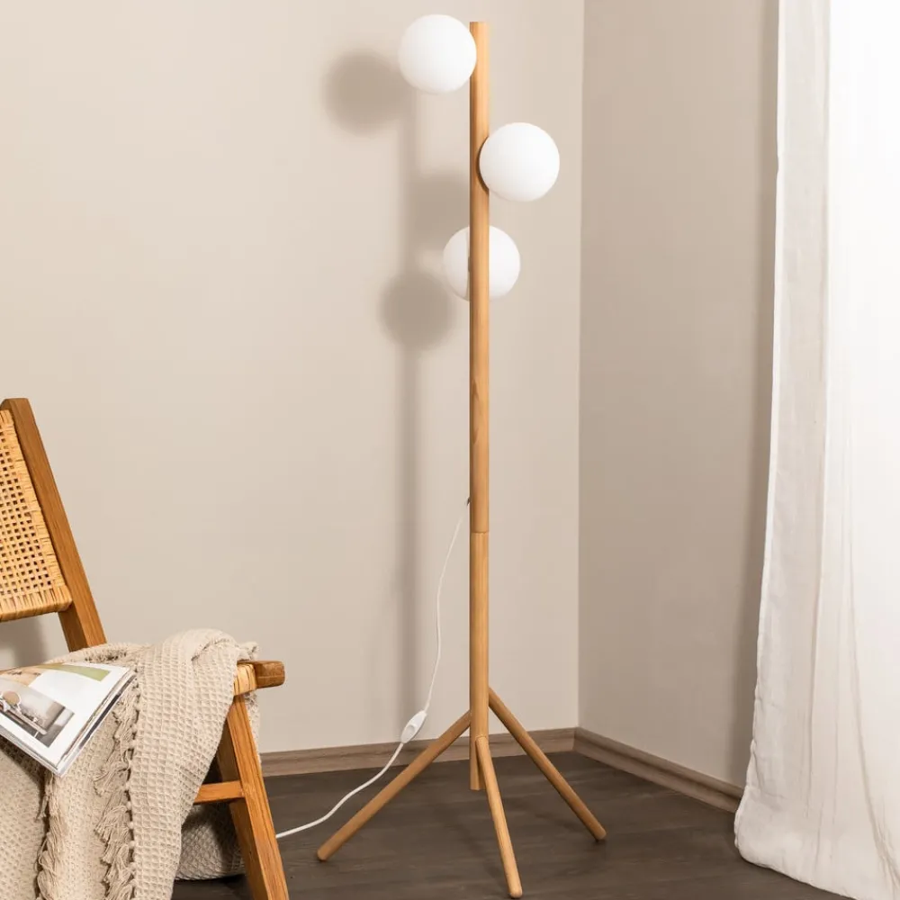 Gulvlamper|Gulvlamper ^ TK Lighting Estera gulvlampe, opalglas, træramme, 132 cm, 3 lyskilder