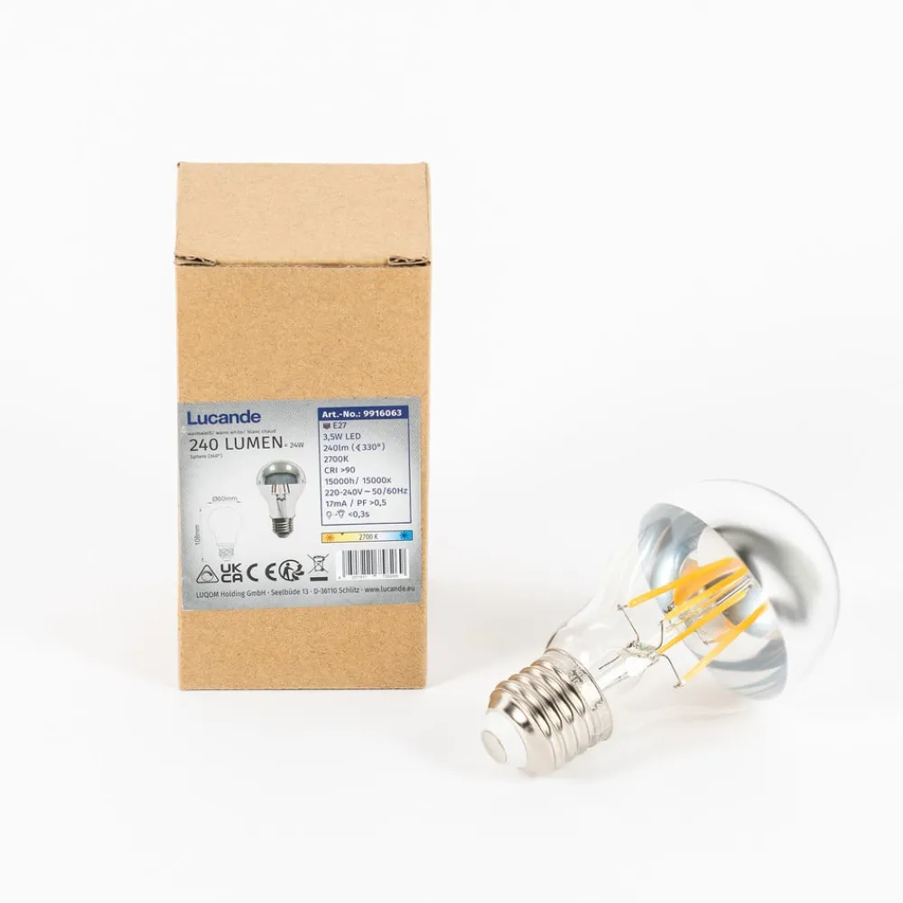 Dæmpbar Led-Pære|Filament Pære ^ Lucande E27 3,5W topforspejlet LED-pære A60, 2700K sølv