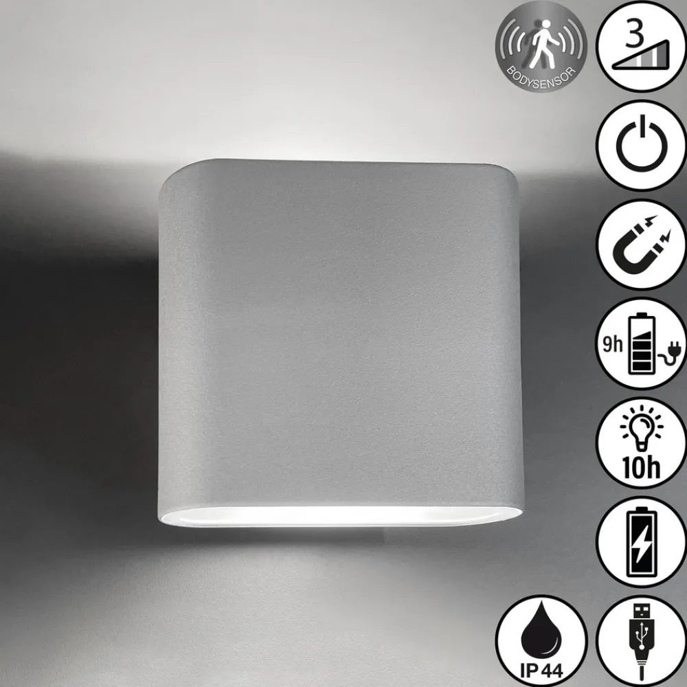 Væglampe Med Sensor ^ FH Lighting Genopladelig LED-væglampe Magnetics, sølv, op & ned, bredde 10 cm
