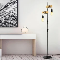 EGLO Gulvlamper > Gulvlampe Townshend 2 lyskilder sort/lyst træ