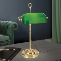 ORION Arbejdsrum/Kontor|Bordlamper > Harvard banklampe med trækafbryder, messing/grøn