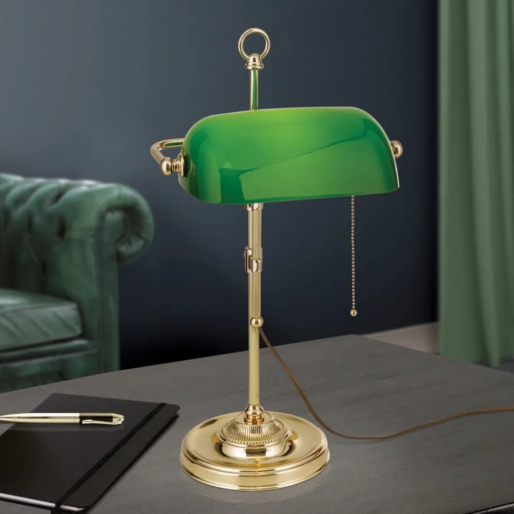 ORION Arbejdsrum/Kontor|Bordlamper > Harvard banklampe med trækafbryder, messing/grøn