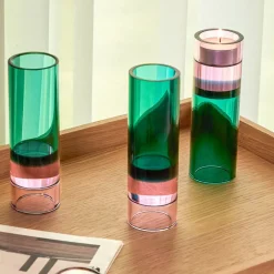 Møbel Og Interiør ^ Hübsch Astro fyrfadsstage, grøn/pink, krystalglas, 15 cm