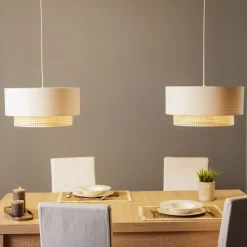 Duolla Pendellamper > Hængelampe Boho, 2 lyskilder, tekstil, creme-hvid/rattan