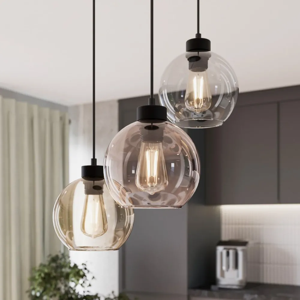 TK Lighting Pendellamper|Pendellamper > Hængelampe Cubus, Ø 50 cm, 3 lyskilder, klar/honningbrun, glas