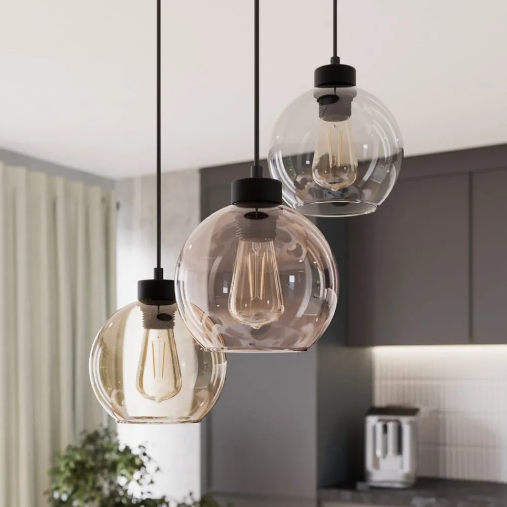 TK Lighting Pendellamper|Pendellamper > Hængelampe Cubus, Ø 50 cm, 3 lyskilder, klar/honningbrun, glas