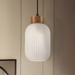 Gang|Pendellamper ^ Lamkur Hængelampe Harmony, Ø 14 cm, hvid/eg, glas/træ