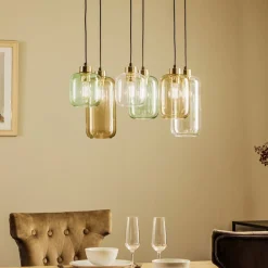 Pendellamper|Pendellamper ^ TK Lighting Hængelampe Marco Green, 6 lyskilder klar/grøn/brun