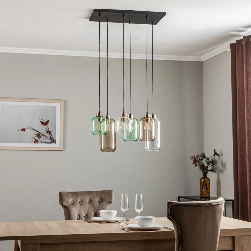 Pendellamper|Pendellamper ^ TK Lighting Hængelampe Marco Green, 6 lyskilder klar/grøn/brun