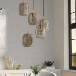 Pendellamper ^ EGLO Hængelampe Romazzina, sandfarvet, stål, Ø 50 cm, 5 lyskilder.