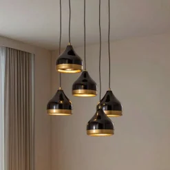 Pendellamper ^ Opviq Hængelampe Yildo, 5 lyskilder, rund, sort/guld, Ø43 cm