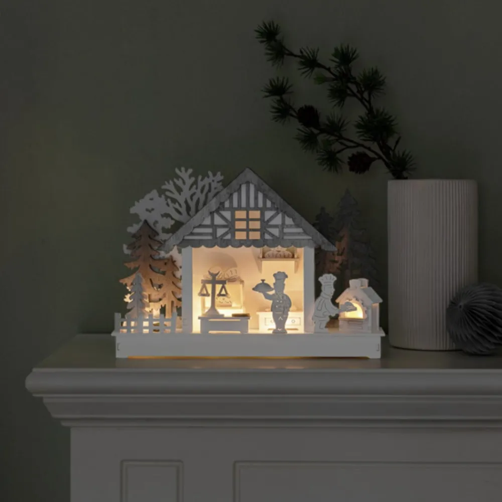 Julepynt|Vinduesdekoration ^ Konstsmide Christmas Hus og Bageri LED-adventsstage, batteridrift