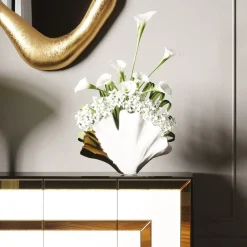 KARE Møbel Og Interiør > Ginkgo Elegance-vase, højde 18 cm, stentøj, hvid, guld
