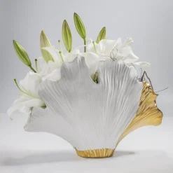 KARE Møbel Og Interiør > Ginkgo Elegance-vase, højde 18 cm, stentøj, hvid, guld