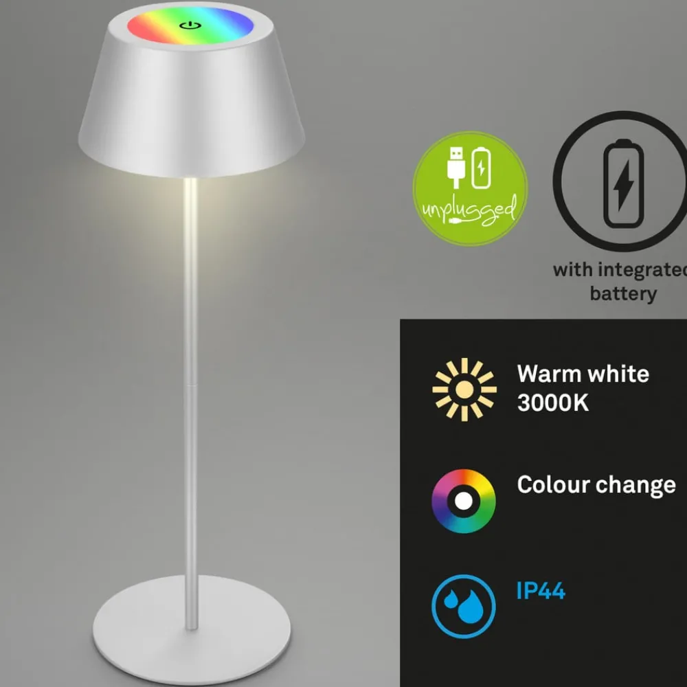 Briloner Terrassebelysning > Kiki LED-bordlampe, mat krom, IP44, 3.000 K, RGBW