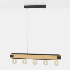 EGLO Pendellamper > Layham hængelampe, sort/lyst træ, længde 96 cm, 5 lyskilder.