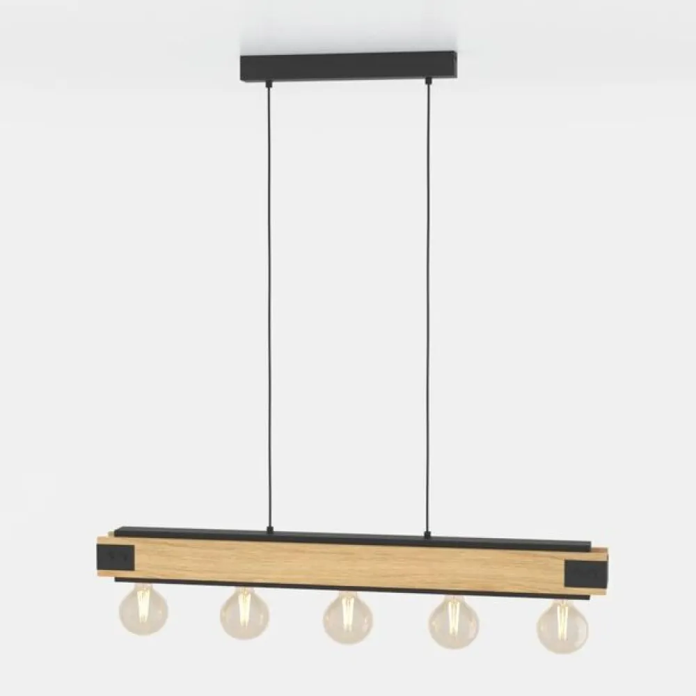 EGLO Pendellamper > Layham hængelampe, sort/lyst træ, længde 96 cm, 5 lyskilder.