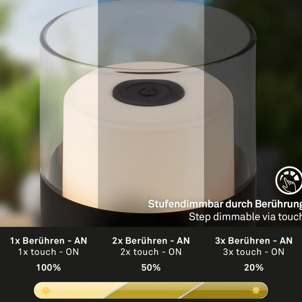Briloner Dekorationsbelysning|Terrassebelysning > LED-batteri-bordlampe 7438 IP44 dæmper, sort