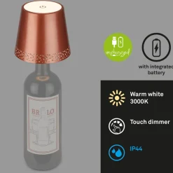 Briloner Dekorationsbelysning|Terrassebelysning > LED-batteri-flaskelys IP44 med lysdæmper, kobber