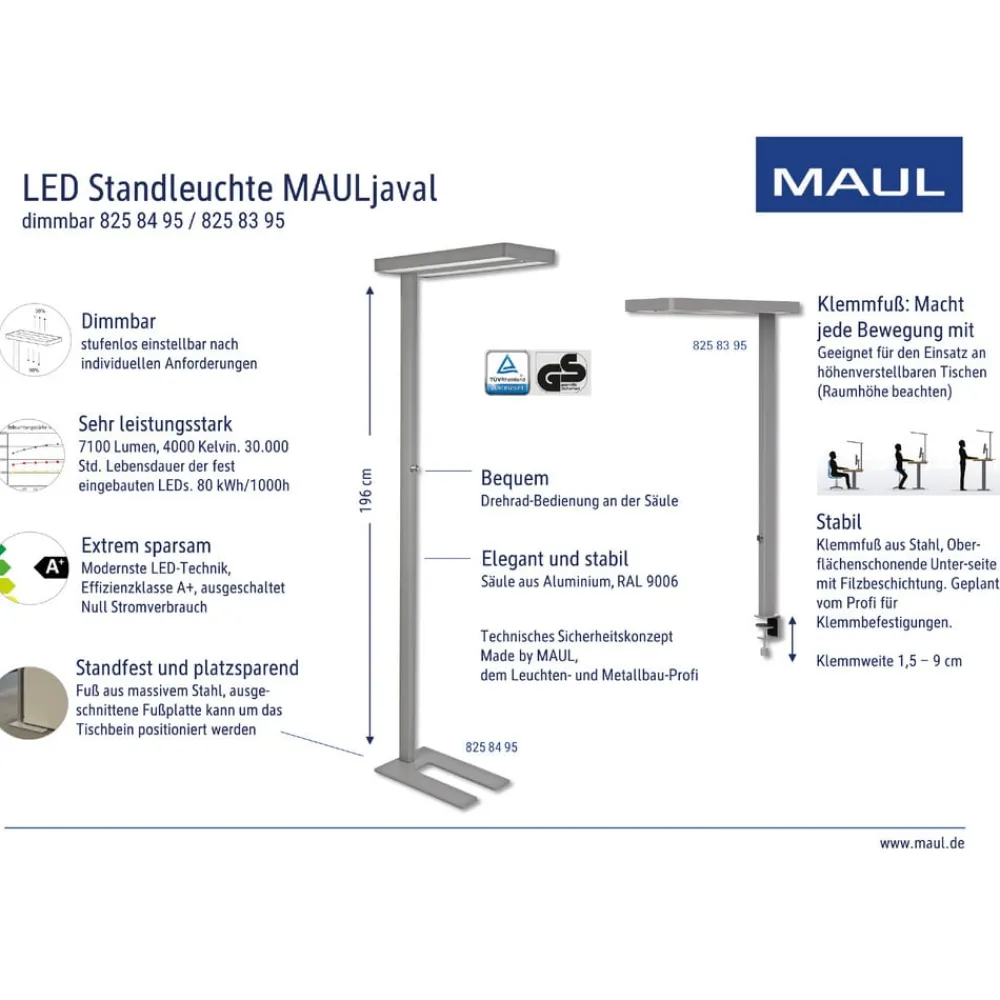 Arbejdsrum/Kontor ^ Maul LED-bordlampe javal, sølv, 120 cm, dæmpbar, klemmefod