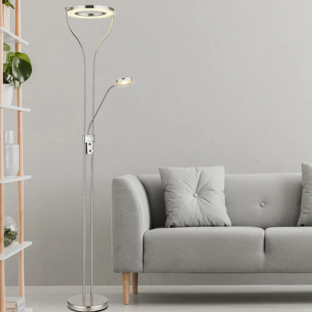Globo Gulvlamper|Gulvlamper > LED-gulvlampe Ebro, højde 194 cm, nikkelfarvet, 2-lys.