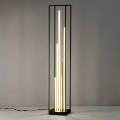 Gulvlamper ^ FISCHER & HONSEL LED-gulvlampe Grid, sort/guld, metal, CCT, dæmpbar