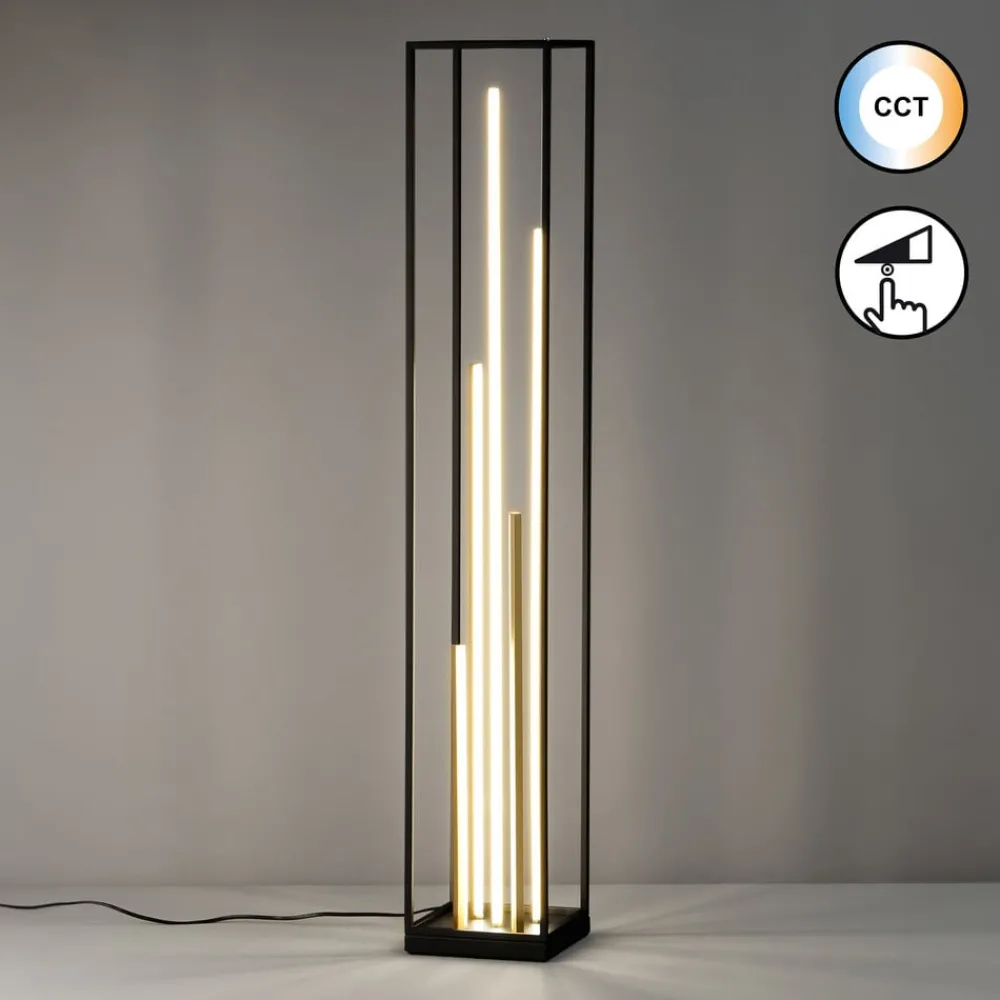 Gulvlamper ^ FISCHER & HONSEL LED-gulvlampe Grid, sort/guld, metal, CCT, dæmpbar