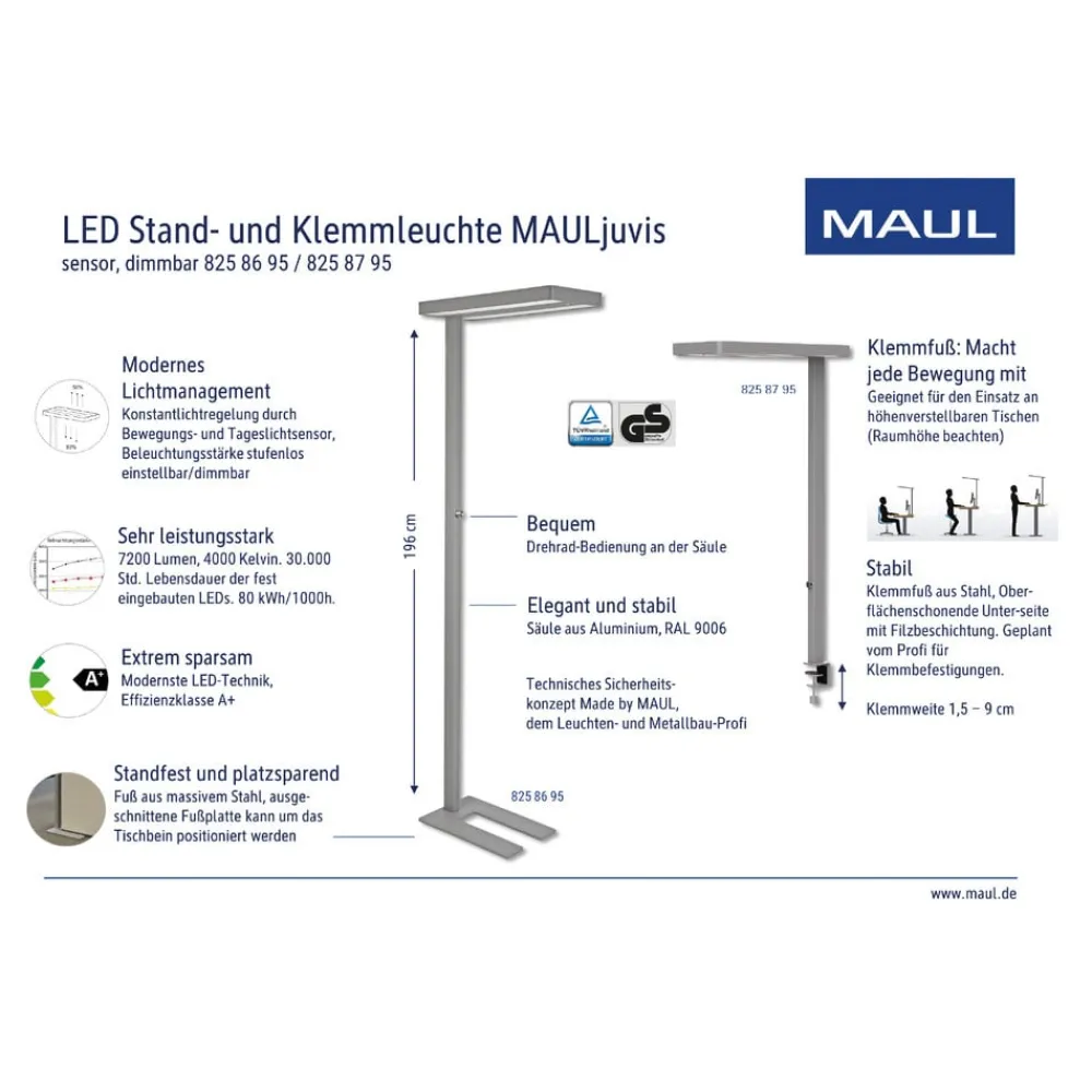 Maul Arbejdsrum/Kontor > LED-gulvlampe juvis, sølv, 196 cm, dæmpbar fod
