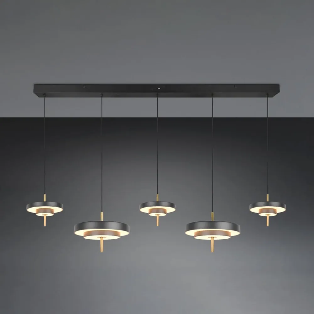 Pendellamper ^ Trio Lighting LED-hængelampe Keaton, sort/guldfarvet 140 cm CCT, 5 lyskilder