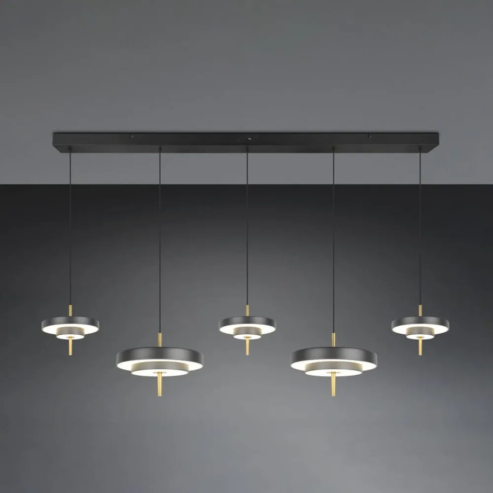 Pendellamper ^ Trio Lighting LED-hængelampe Keaton, sort/guldfarvet 140 cm CCT, 5 lyskilder