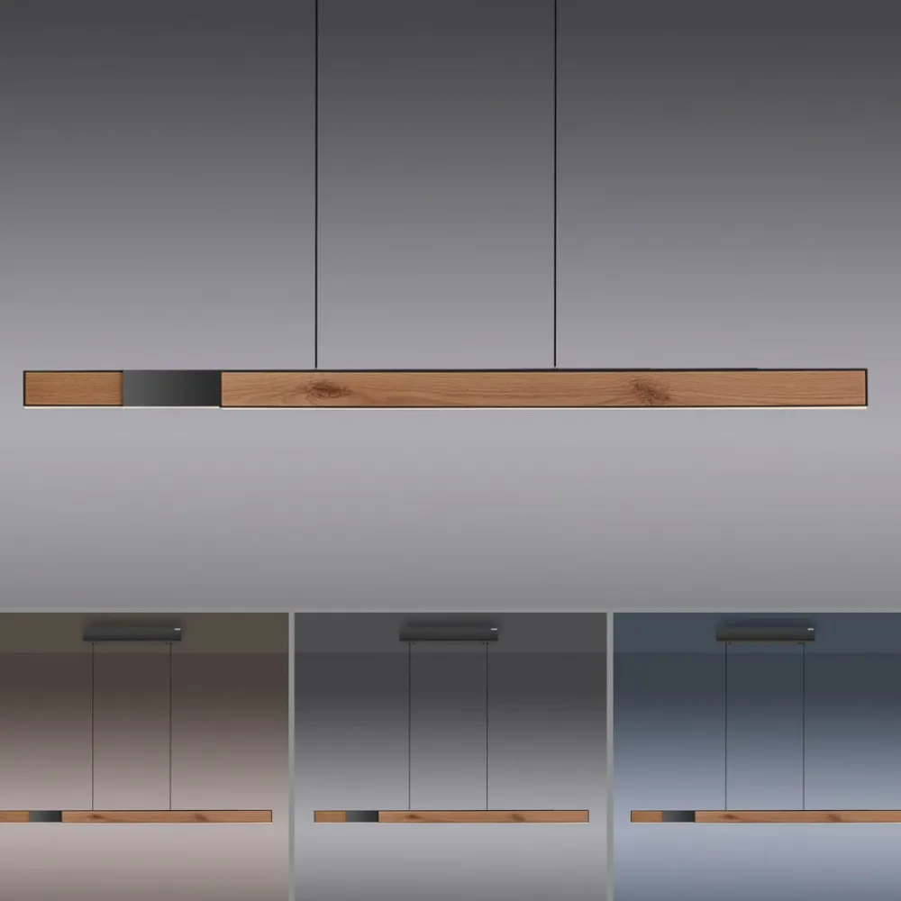 Pendellamper ^ PURE LED-hængelampe Moto-Rise, eg/sort perle, aluminium, CCT
