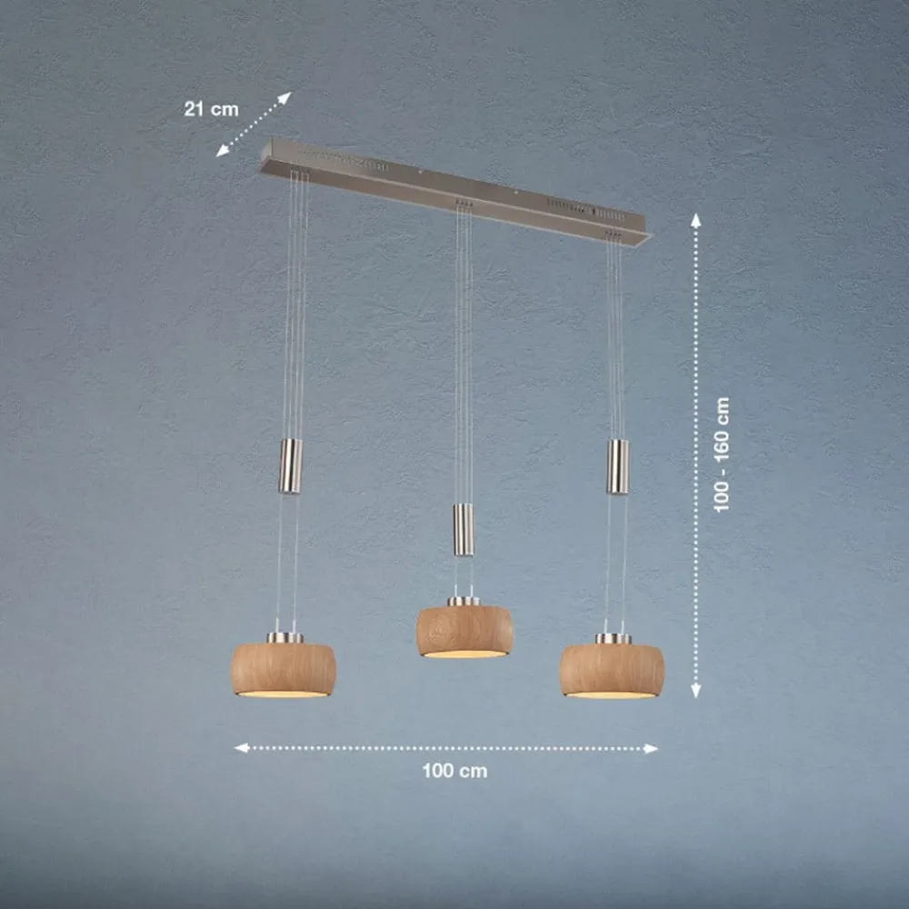 FISCHER & HONSEL Pendellamper > LED-hængelampe Shine-Wood, eg/nikkel, længde 100 cm 3 lyskilder.