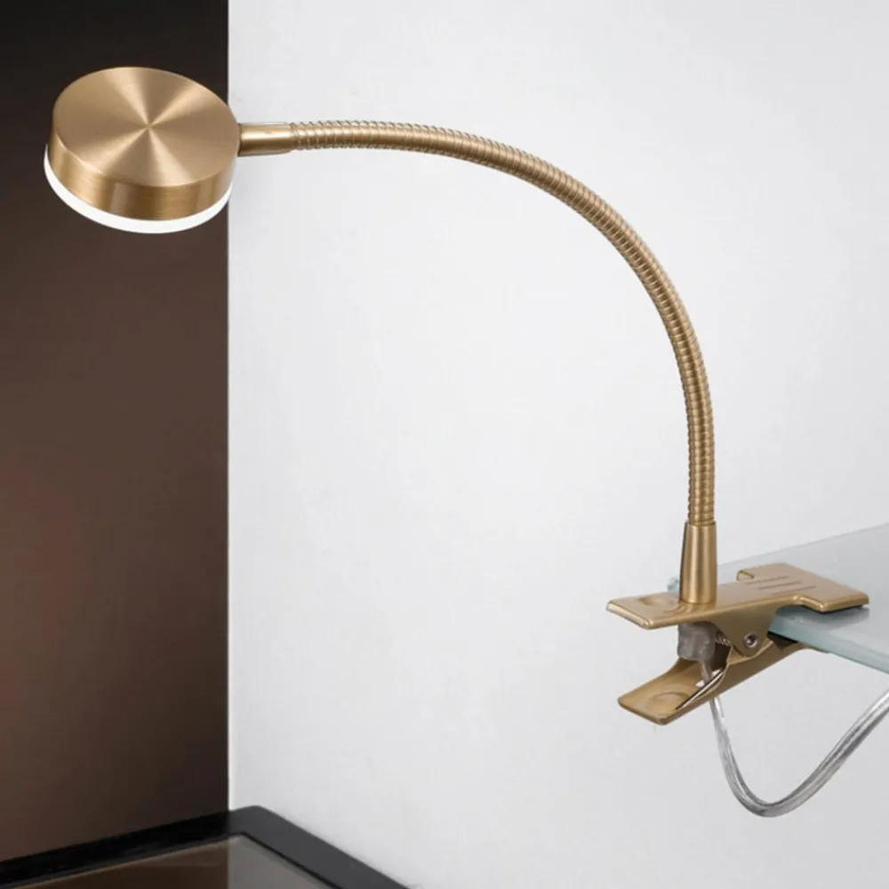 ORION Arbejdsrum/Kontor|Bordlamper > LED-klemmelampe Mira, fleksibel arm, guld