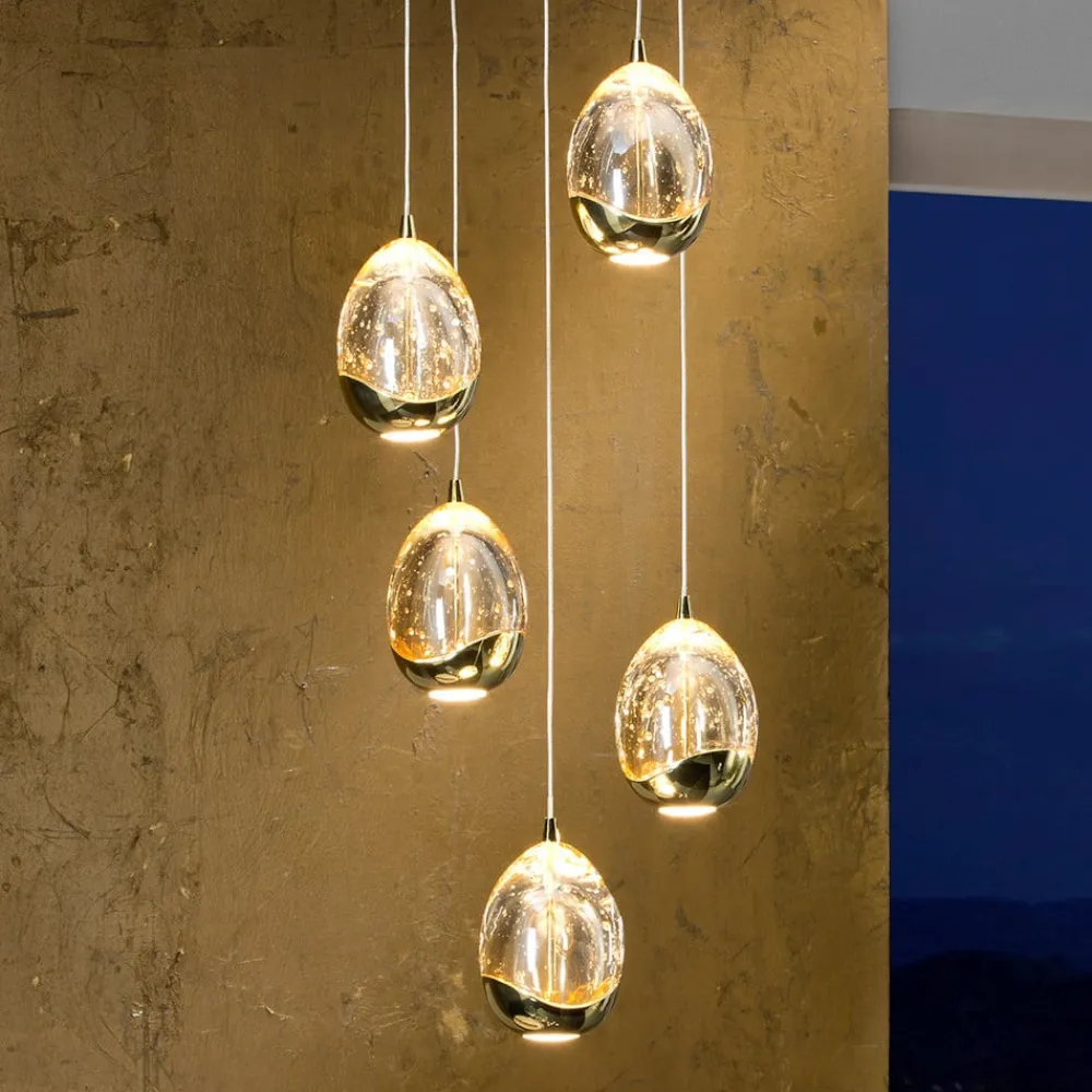Pendellamper|Pendellamper ^ Schuller Valencia LED-pendel Rocio, 5-lys, rund, metal, glas, guld