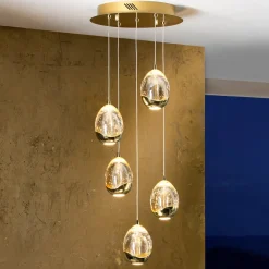 Pendellamper|Pendellamper ^ Schuller Valencia LED-pendel Rocio, 5-lys, rund, metal, glas, guld