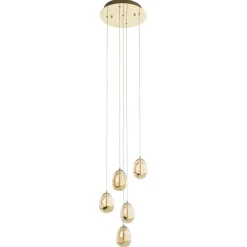 Pendellamper|Pendellamper ^ Schuller Valencia LED-pendel Rocio, 5-lys, rund, metal, glas, guld