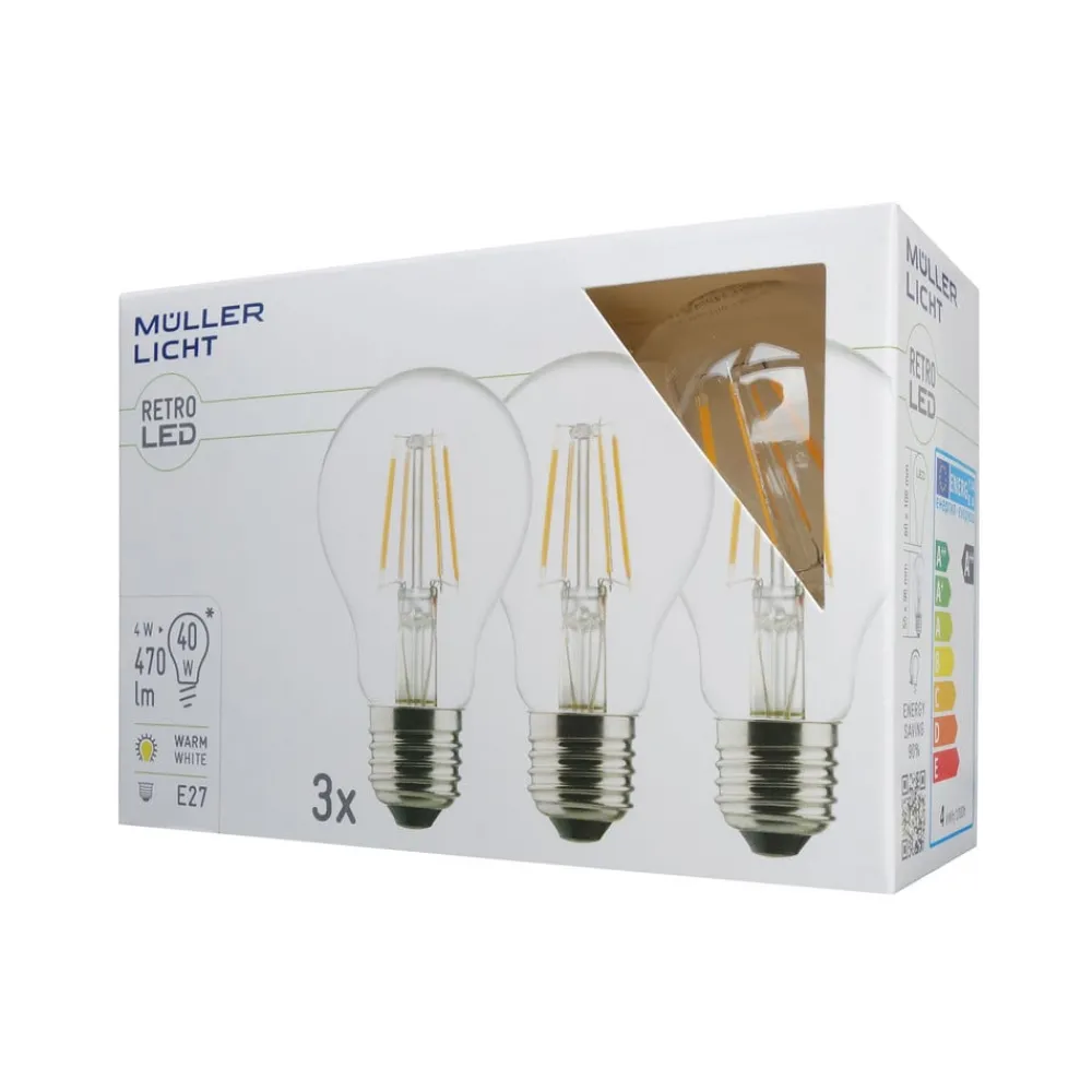 Müller-Licht Filament Pære > LED-pære E27 4 W 2.700 K filament, 3 stk, 470 lm